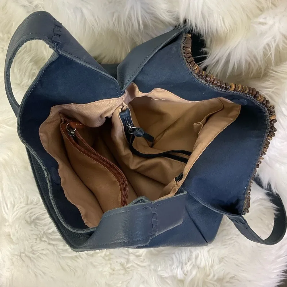 The Sak Women's Blue Huntley Crochet Trim Leather Tassel Hobo Bag